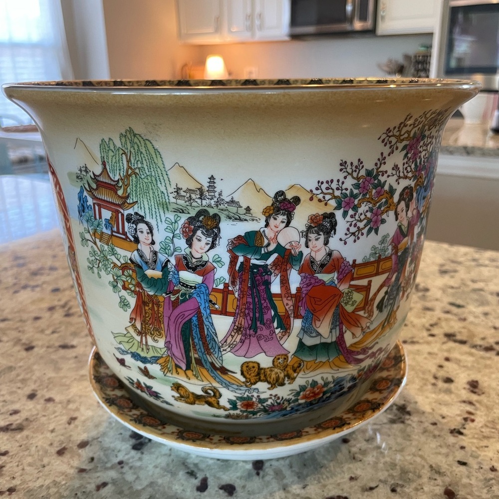Elegant Asian-Inspired Ceramic Planter with Saucer